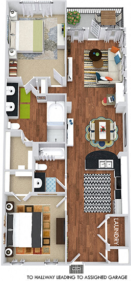 Floor plan for 2 beds, 2 baths, 1097 sqft